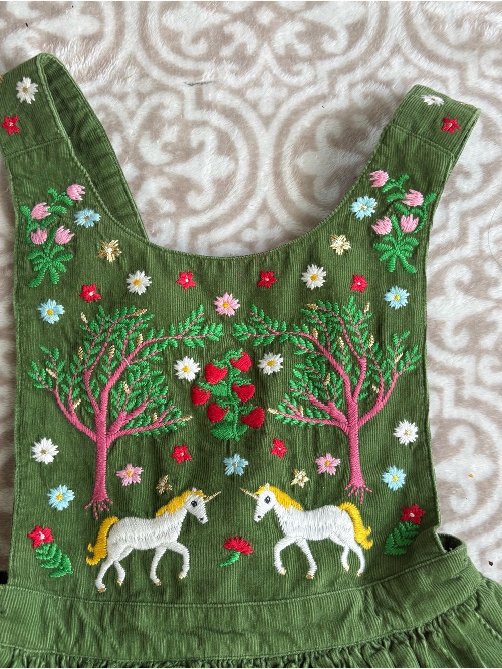 Mini Boden Olive Green Embroidered Pinafore with Multicolor Flowers - Picture 2 of 3